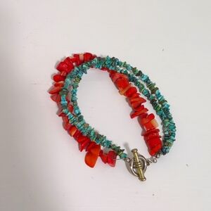 Genuine Turquoise and Red Sea Coral 3-Strand Toggle Clasp 8" Bracelet, EUC